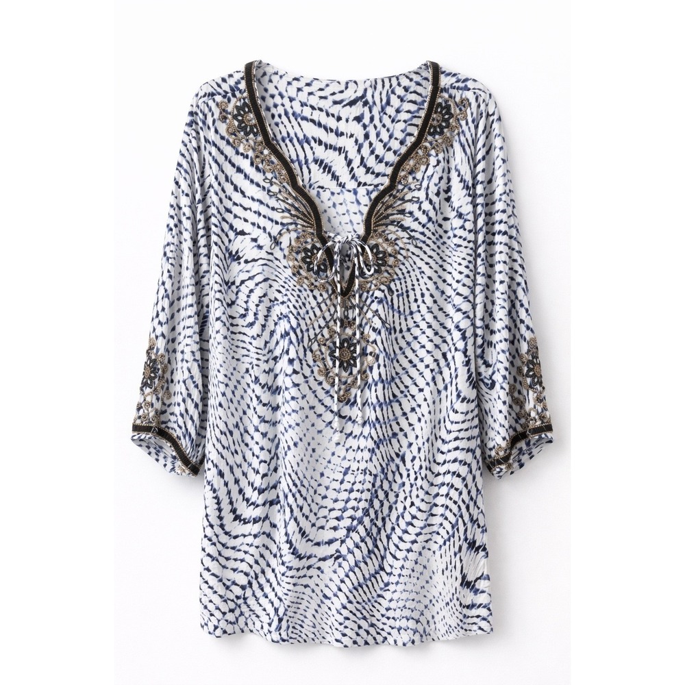 Soft Surroundings White and Navy Patterned Embellished Tunic
